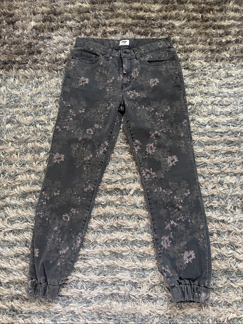 Tokyo Darling Floral Denim Boyfriend Joggers Grey Pink Stretch Pants Size 2